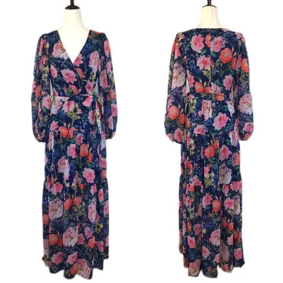ELIZA J Blue Pink Floral Chiffon Long Sleeve Maxi Dress Tiered Size 2 4‎ New - Picture 3 of 11